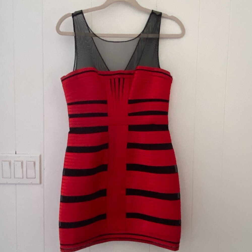 BCBG MAX AZRIA Bright Red Satin Mesh Panel Bandage Dress, size 8
